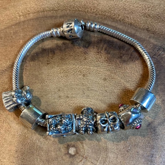 Pandora Jewelry - AUTHENTIC PANDORA SILVER SNAKE BRACELET WITH 5 CHARMS AND 2 CLIP SPACERS